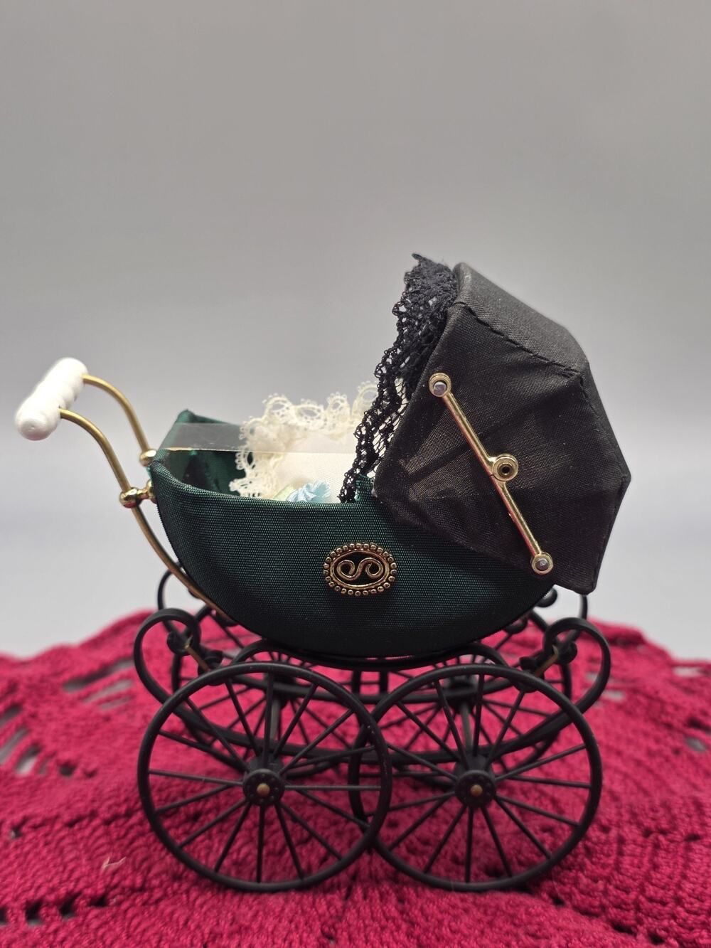 Heidi Ott Dollhouse Miniature 1:12 Green Satin Baby Pram Stroller Buggy W/ Box